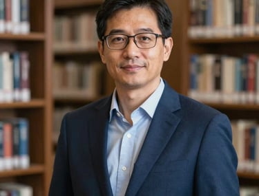 A professional portrait of a researcher in a navy blue blazer against a blurred library background, conveying trust and authority.