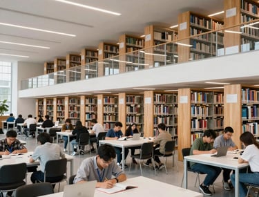 A wide shot of a modern university library with tall shelves and students studying at clean white tables, Academic / Professional Global atmosphere.