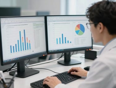 A professional researcher analyzing data on dual monitors in a bright office, with charts related to educational psychology visible.