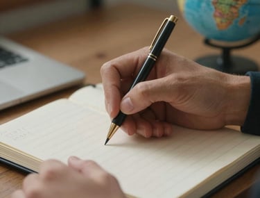 A close-up of a person's hands taking detailed notes in a structured journal during a research interview, Academic / Professional Global setting.