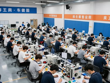 High-angle shot of a manufacturing competition arena with students working intensely on their assembly tasks, bright industrial lighting, blue and orange banners.