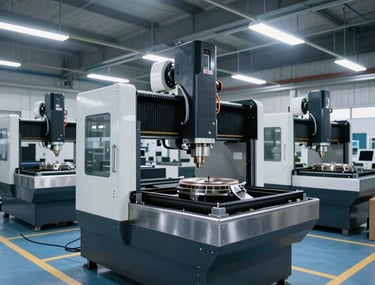 A wide lens capture of a manufacturing workshop with several CNC machines, bright overhead lights, and blue safety floor markings, professional and clean.