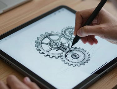Close-up of a student's hand sketching a mechanical gear system on a tablet with a stylus, blue light from the screen illuminating the desk, technical atmosphere.