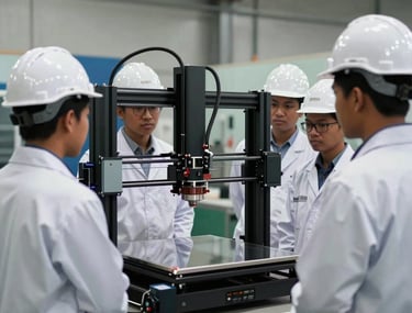 A group of Southeast Asian / Indonesian Students wearing white lab coats and hard hats observing a large industrial 3D printer in action, professional workshop setting.
