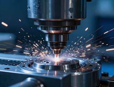 Macro shot of a high-speed metal milling process with cooling fluid spray, sparks flying, deep blue lighting and metallic textures.