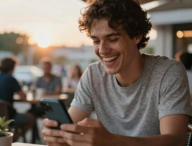 A candid shot of a person laughing while looking at their smartphone screen at a vibrant outdoor café during sunset. Global / Western.