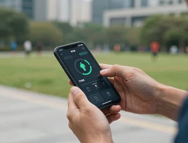 A high-speed action shot of a person using a sports tracking app on their phone while jogging through a modern city park. Global / Western.