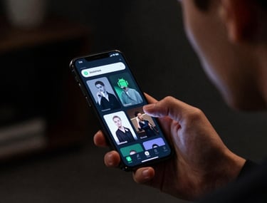A person using an Android phone in a dark room; the light from the screen illuminates their face as they interact with a sleek, dark-themed app. Global / Western.