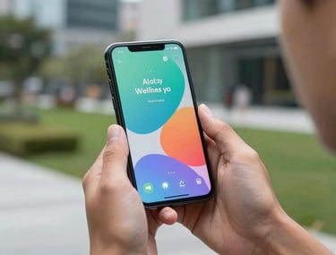 A close-up photograph of a person's hands holding an Android phone outdoors in a modern urban park. The screen displays a colorful wellness app. The background shows blurred architectural details and greenery. Global / Western.