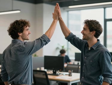 An action shot of two people high-fiving in a modern office, celebrating a successful app deployment. Global / Western.
