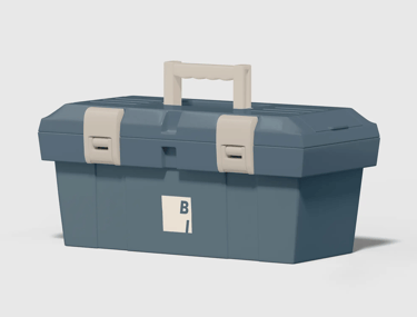 Caja de herramientas personalizada con el identificador visual de Bárzaga Interiors