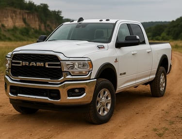 Dodge Ram 2500 branca usada em estrada de terra com destaque frontal