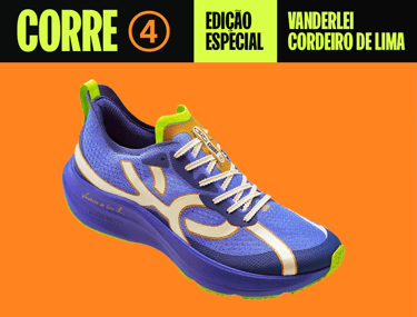 Tênis Olympikus Corre 4 azul e amarelo edição especial Vanderlei Cordeiro de Lima