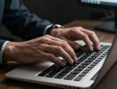 A high-contrast photo of a person's hands typing on a sleek keyboard in a dimly lit, professional North American office environment.
