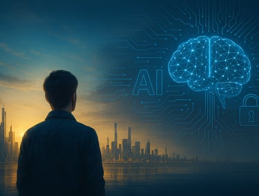 a man standing in front of a cityscape with a brain map of the