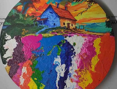 "Round Earth-shaped colorful painting showing a house, trees, and flying birds-Meant for export"