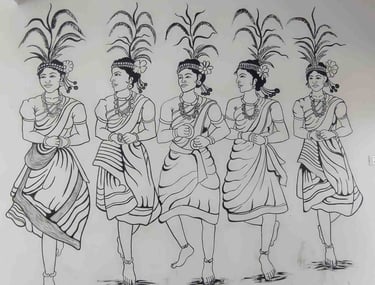 Group of tribal girls dancing in traditional attire with ethnic jewelry during cultural celebration