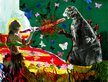 a woman in a hawaiian style costume with a godzilla
