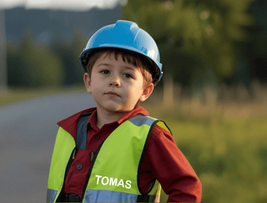 vaikas su sveisa atspindincia liemene ant kurios parasytas vardas Tomas
