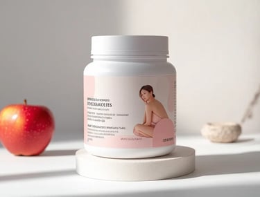 présentation d'un complément alimentaires sous la forme d'une boite en plastic coté d' une pomme.