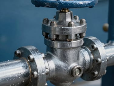 A detailed close-up of an industrial valve and pipe system, polished and ready for installation. Sharp focus with deep blue shadows and bright steel highlights.