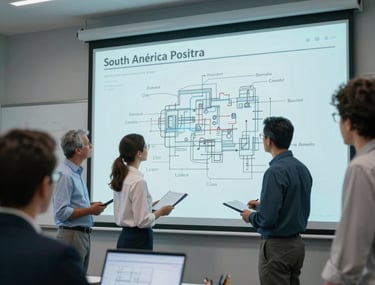 A group of professional engineers in a modern classroom setting in South America, looking at technical drawings on a large screen. The atmosphere is focused and academic, with steel blue and light blue lighting elements.
