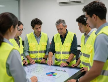 Engineering team in bright yellow vests discussing plans over a digital table at a South American site office.