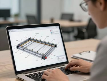 A detailed technical drawing of a foundation system being reviewed on a laptop screen by a professional in a modern office.