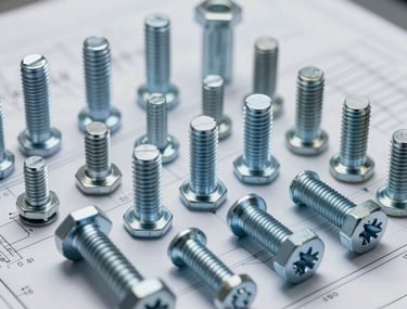 A photograph showing a collection of high-grade industrial fasteners and bolts laid out on a blueprint. Professional lighting, technical aesthetic.