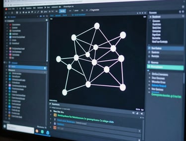 A cinematic shot of a computer screen showing a complex node-based visual scripting system. Tones of steel blue and midnight black. Analytical and technical focus.