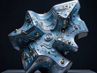 A photograph of a modern abstract sculpture that resembles a 3D level map, lit with dramatic steel blue lighting. Authoritative and sophisticated mood.