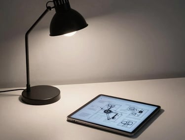 A photograph of a minimalist studio desk with a single lamp casting a focused light on a tablet showing game design blueprints. Midnight black and steel blue color scheme.