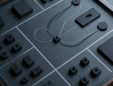 A top-down photograph of a level design blockout in a digital workspace, showing modular assets and flow lines. The lighting is crisp and even, highlighting the analytical nature of the work. Midnight black and slate blue-gray tones.