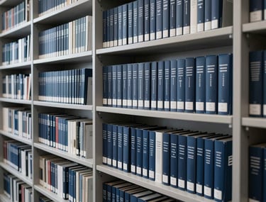 High-contrast photography of a large bookshelf filled with technical manuals and design books in a modern North American library. Navy and light gray color palette.