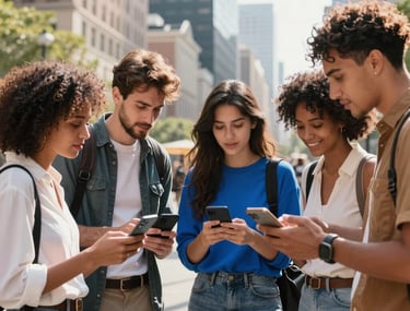 Dynamic lifestyle photography of a group of trendy young professionals in a bright US city square, looking at a mobile screen together. Warm natural lighting and vibrant blue accents.