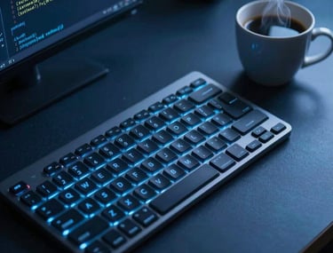 Atmospheric photography of a dark blue workspace with a single glowing keyboard and a steaming cup of coffee. The focus is sharp on the keys, suggesting deep work and code concentration.