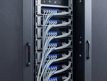 Minimalist photography of a server room with clean cabling and glowing blue lights. The composition is geometric and modern, suggesting reliability and high-speed data architecture.