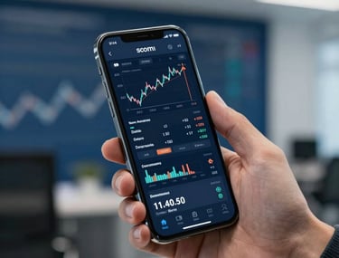 Close-up photography of a professional hand holding a high-end smartphone displaying a complex financial interface. The background is a blurred North American office in deep slate blue and light gray tones.