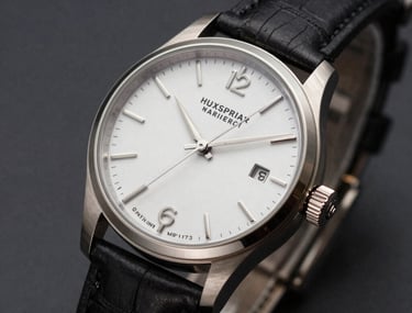 Clean, artistic product shot of a luxury watch on a dark background, highlighting sophisticated lighting and professional composition.