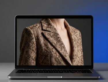 High-fashion photography on a laptop screen, showing a luxury garment with exquisite texture. The background is a minimalist studio with Slate Gray and Royal Blue lighting.