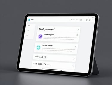 A sleek digital tablet showing a minimalist user interface design for a SaaS platform. Lighting is cool and professional, with a Slate Gray background.