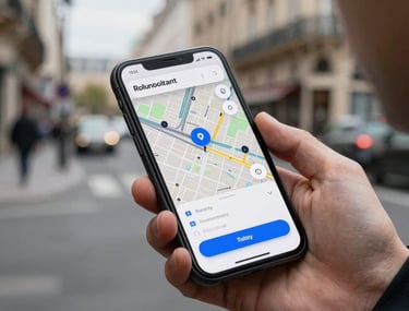 Lifestyle photography of a person using a smartphone on a city street in Paris. The screen shows a modern map-based app with Royal Blue buttons.