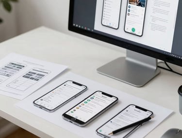 A designer's desk with sketches of mobile app layouts and a high-resolution monitor. Bright lighting, clean environment, Central European style.