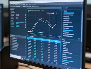 Close-up of a high-performance computer screen displaying a complex data dashboard with Royal Blue and Sky Blue accents. Professional setting in a Central European office.