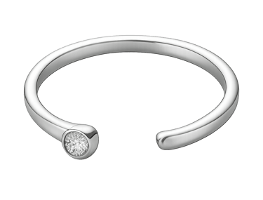 An open silver ring or cuff with a single small crystal setting on one end, shown on a light grey background.