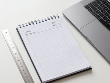 High-angle photography of a perfectly organized work table with a ruler, a notepad with lists, and a laptop, pearl white and slate grey colors.