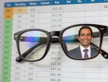 Close-up of a digital spreadsheet with color-coded categories and clean data, reflected in a South American / Brazilian professional's glasses.