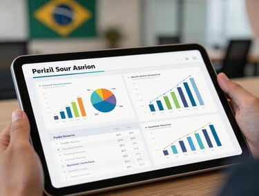 A professional presentation deck opened on a tablet, showcasing clear graphs and structured product lists, soft focus on a South American / Brazilian office background.