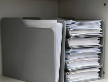 A series of folders and organized documents on a shelf in a minimalist South American / Brazilian office, focus on structural order and professional grey tones.