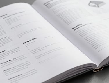 Close-up photography of a printed industrial catalog with high-quality binding and detailed product specifications on its pages. South American / Brazilian studio setting, sharp focus, pearl white and slate grey color palette.